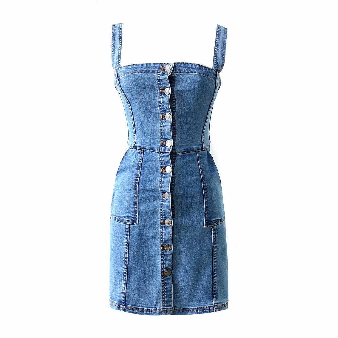 Sleeveless buttoned mini denim dress