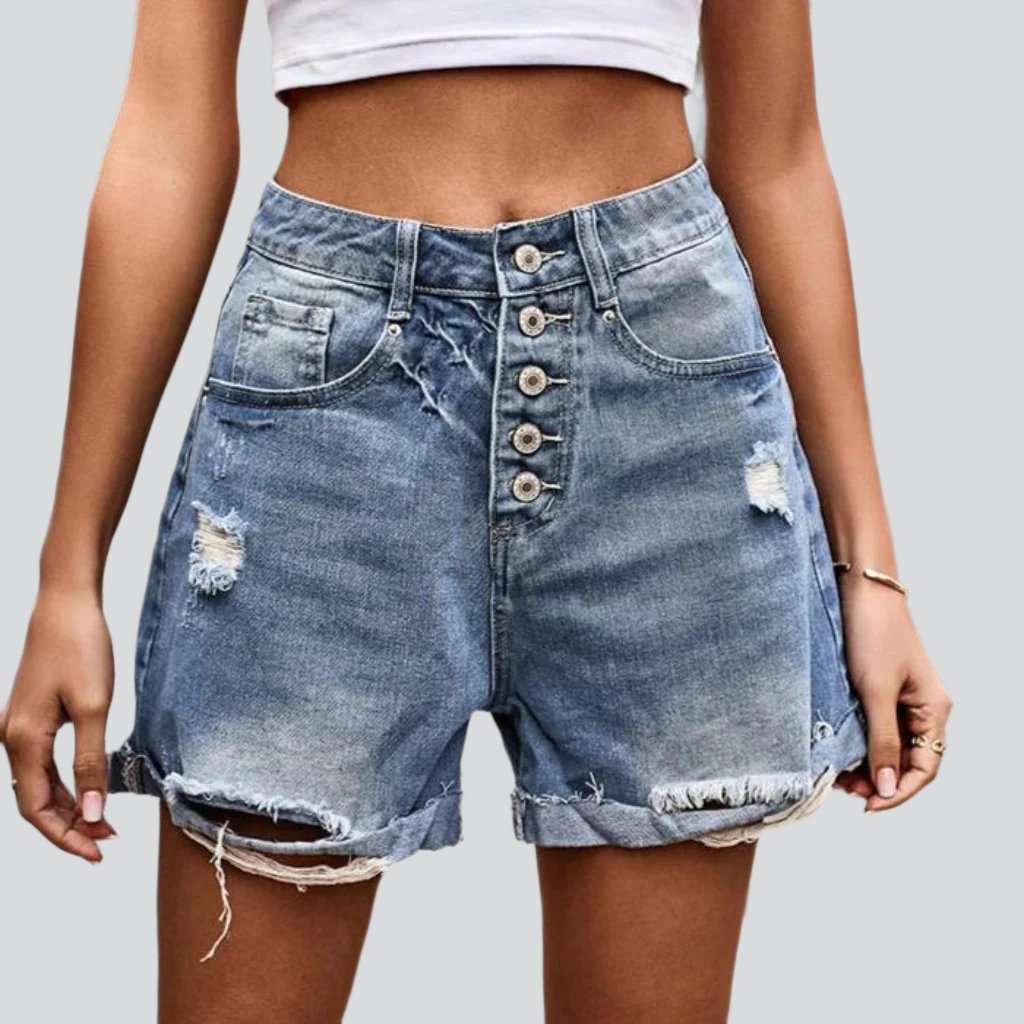 Exposed buttons distressed denim shorts