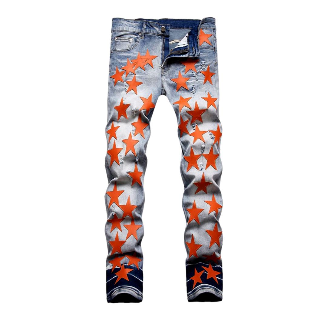 Orange stars embroidery men jeans