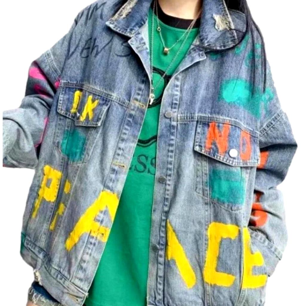 Neon letters vintage denim jacket for ladies