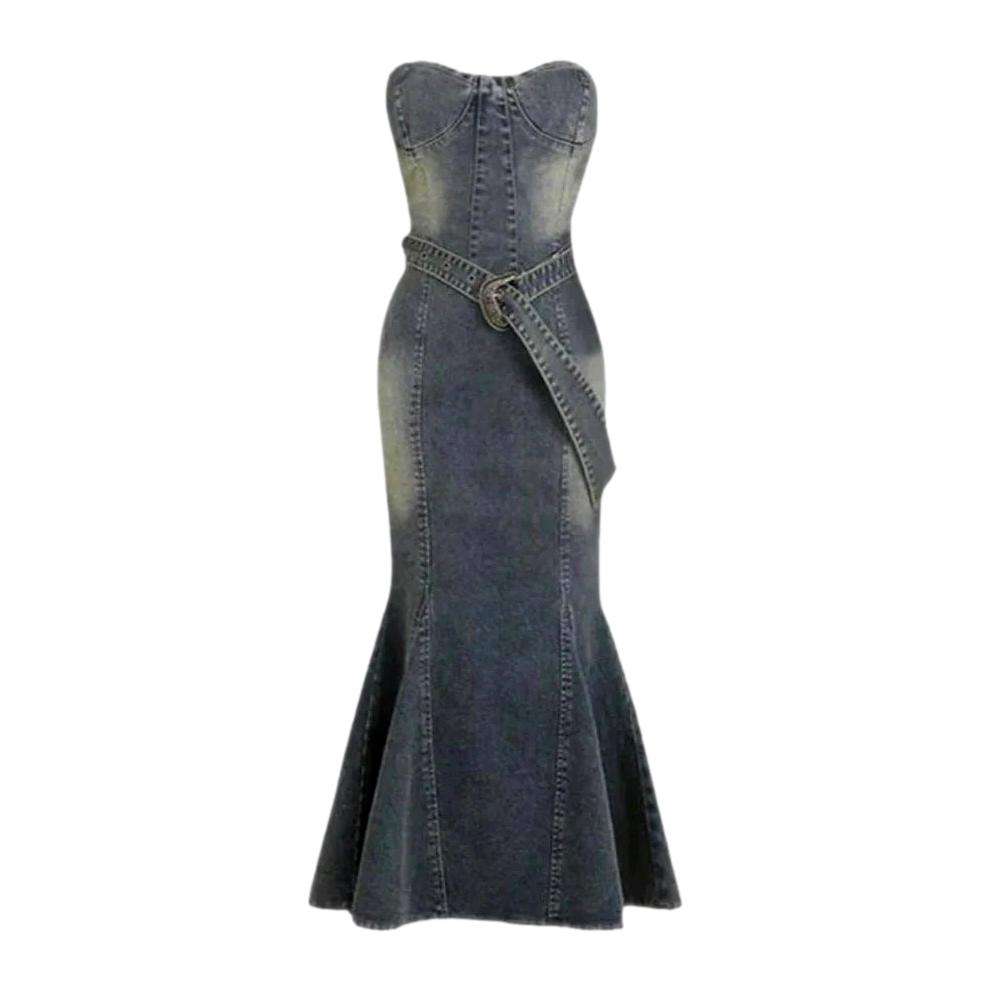 mermaid denim dress Elegant Women's Denim mermaid dress with Ruffle Bodycon and Zipper - Slim Fit, Style, Short Sleeves, Round Neckline