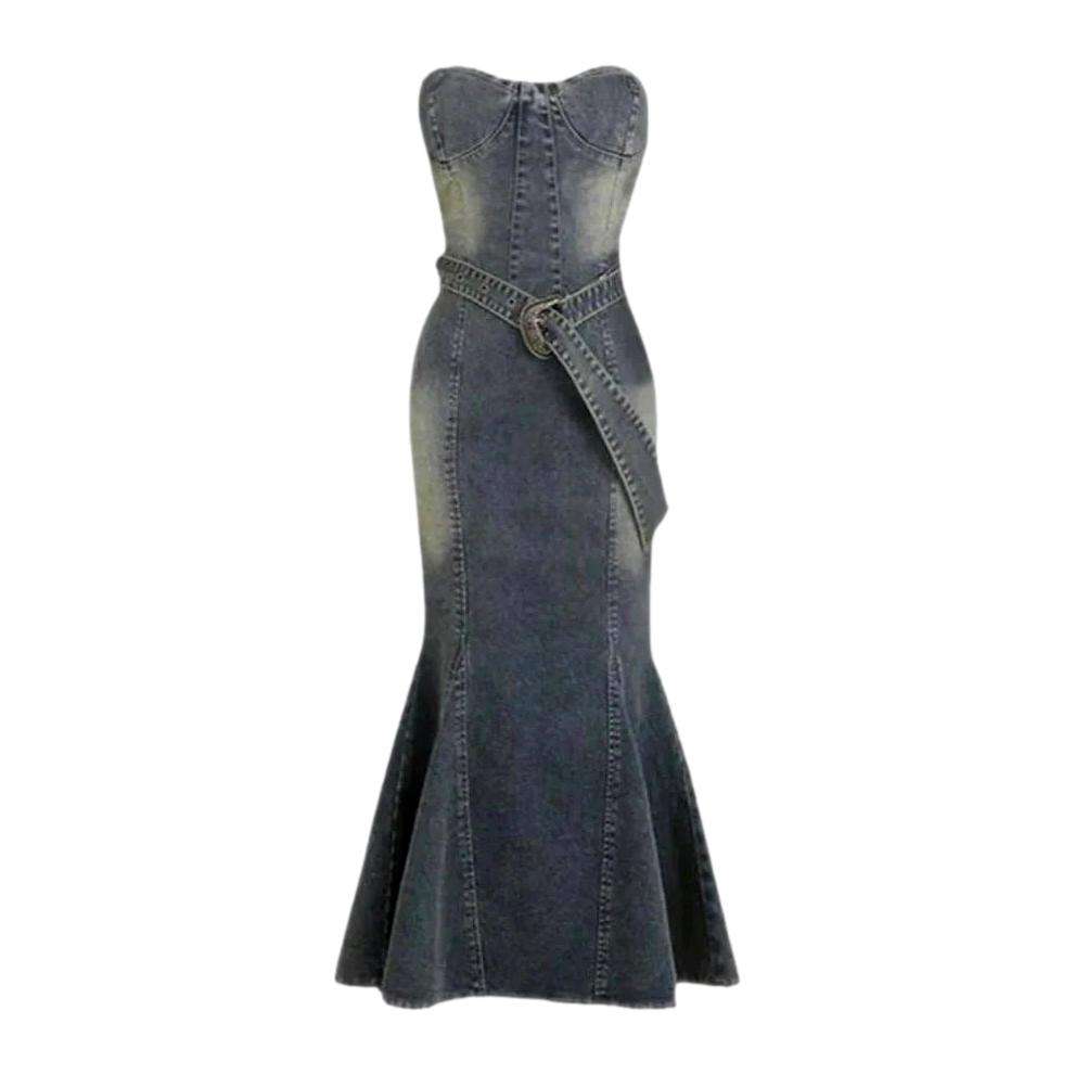 Long mermaid strapless denim dress