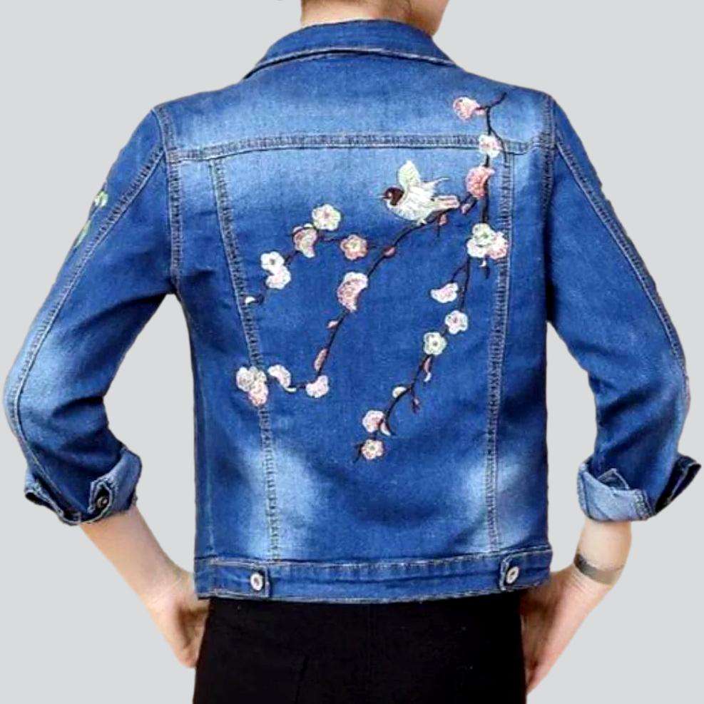 Nature embroidery short denim jacket