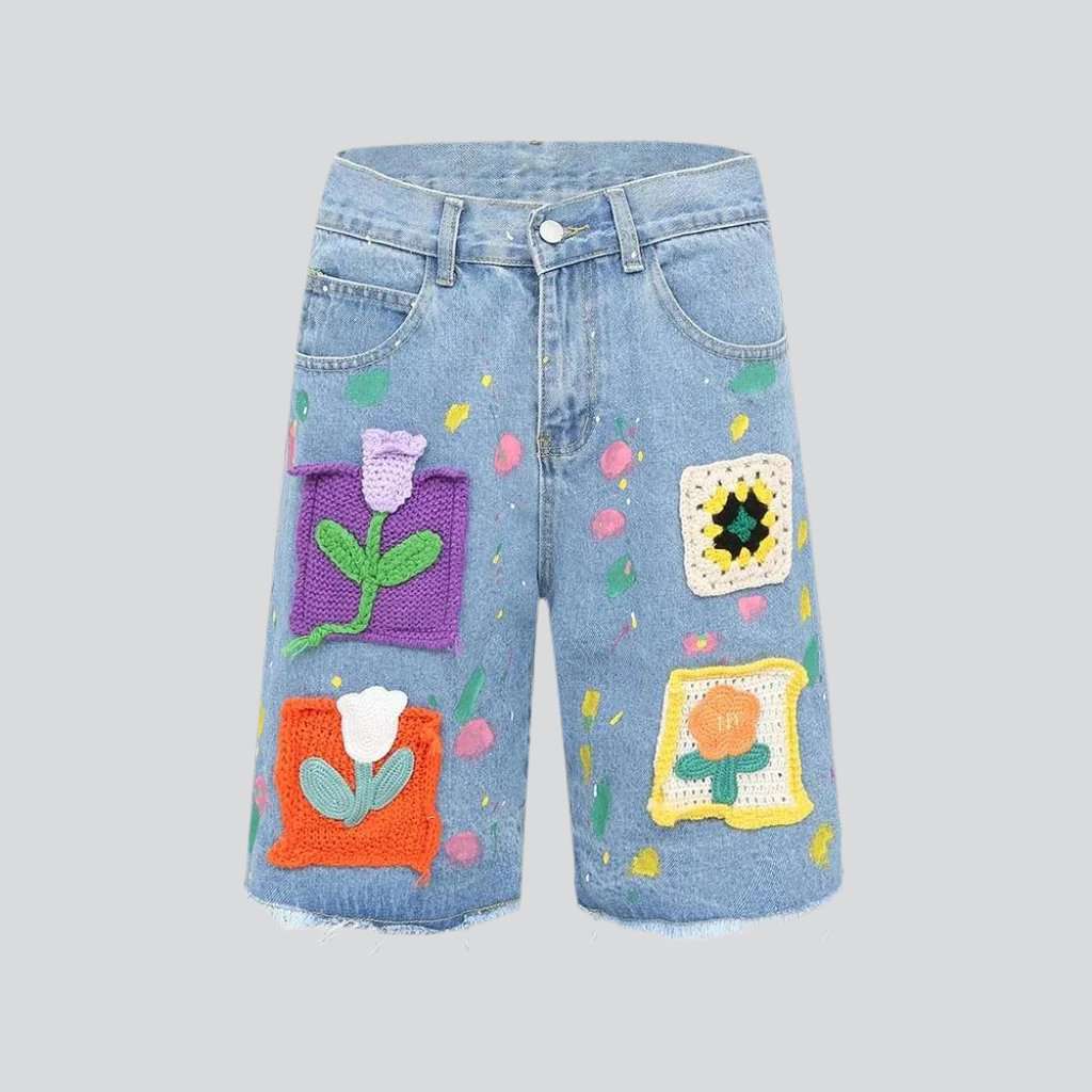 Color patchwork embroidery denim shorts