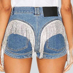 Fringe back pocket denim shorts