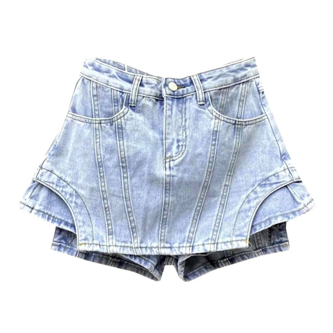 Layered light wash denim skort