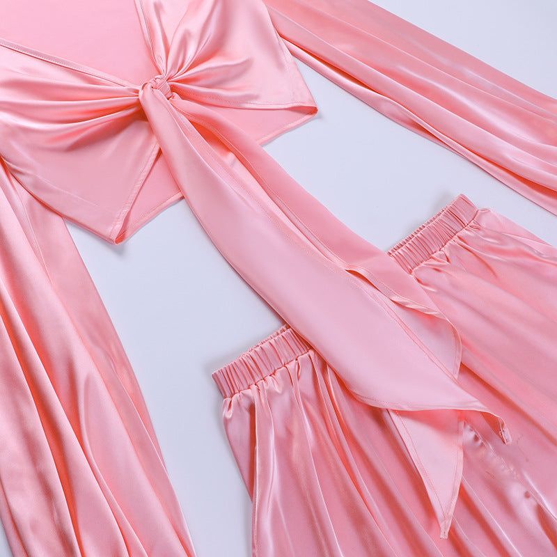 Pretty In Pink Satin Tie Up Crop Top & Shorts Set