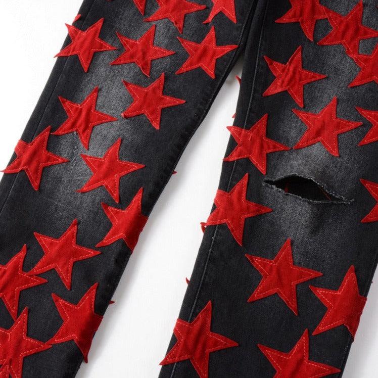 Red stars embroidery men jeans