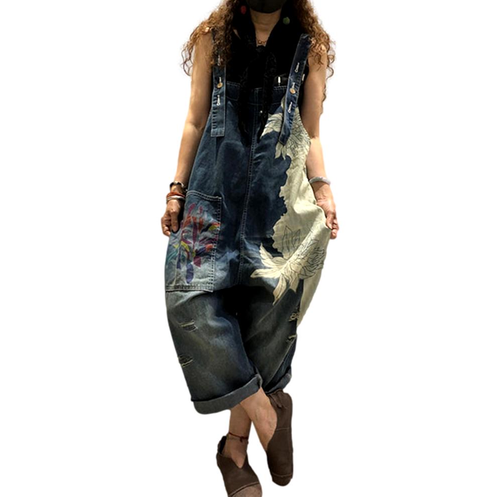 Side flower print denim dungaree