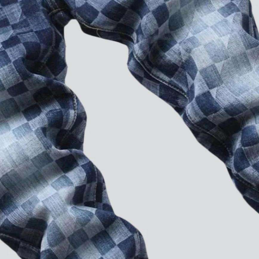 Checkered print stretchy men jeans