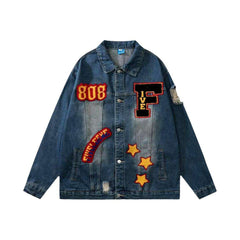 Embroidery denim jacket with patches