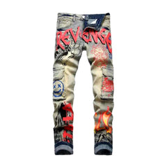 Graffiti print frayed men jeans