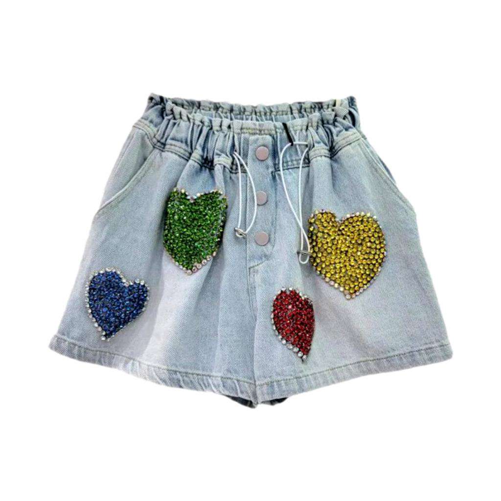 Embellished heart embroidery denim shorts