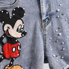 Jeansshorts mit Cartoon-Stickerei und Perlen