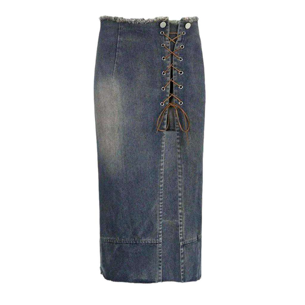 Drawstring slit vintage denim skirt