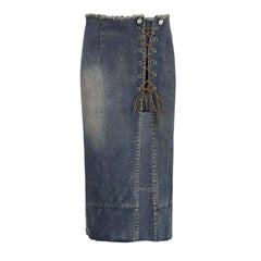 Drawstring slit vintage denim skirt