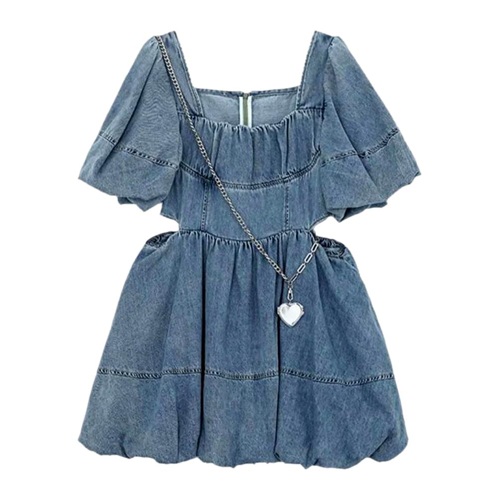 Short sleeve zipper jean dress for ladies