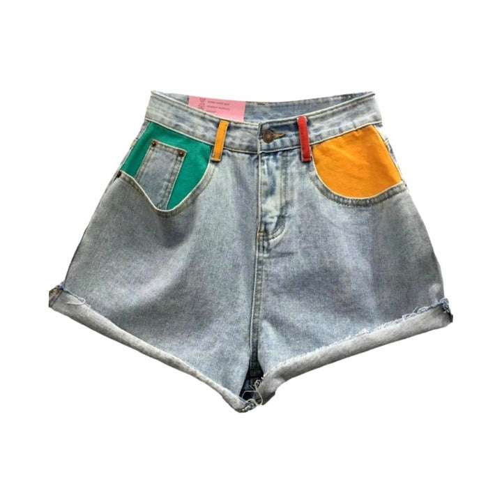 Color pocket wide denim shorts