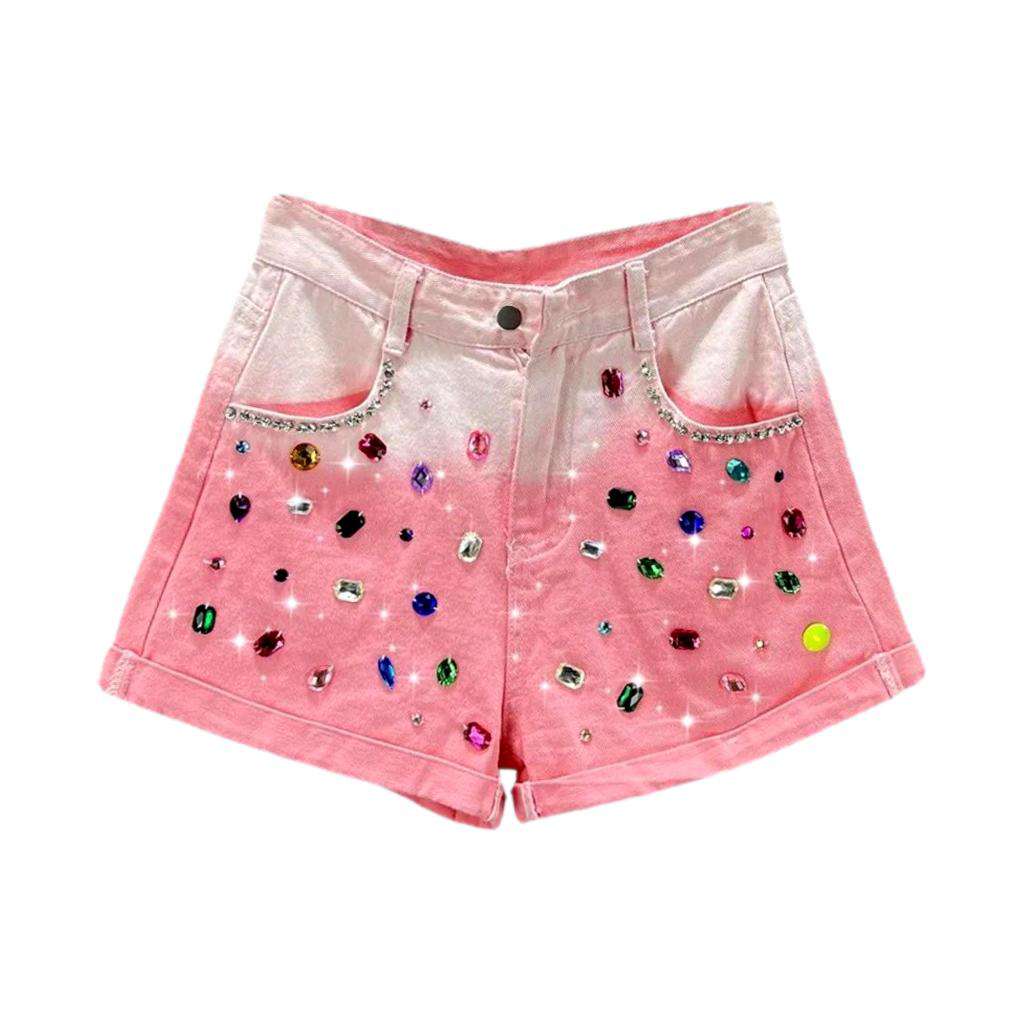 Color rhinestone contrast denim shorts