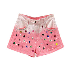 Color rhinestone contrast denim shorts