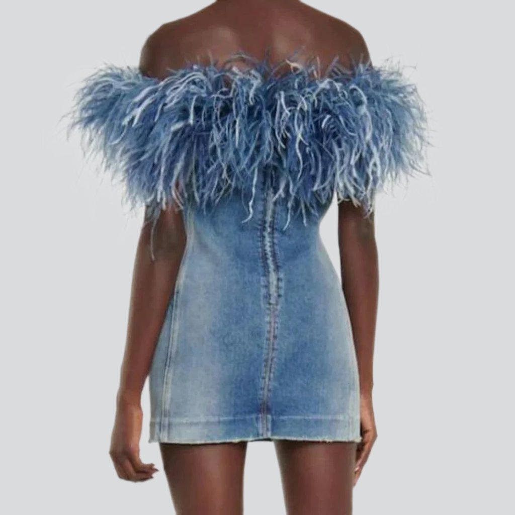 Strapless denim dress with feathers