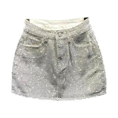 Rhinestone embellished color denim skirt