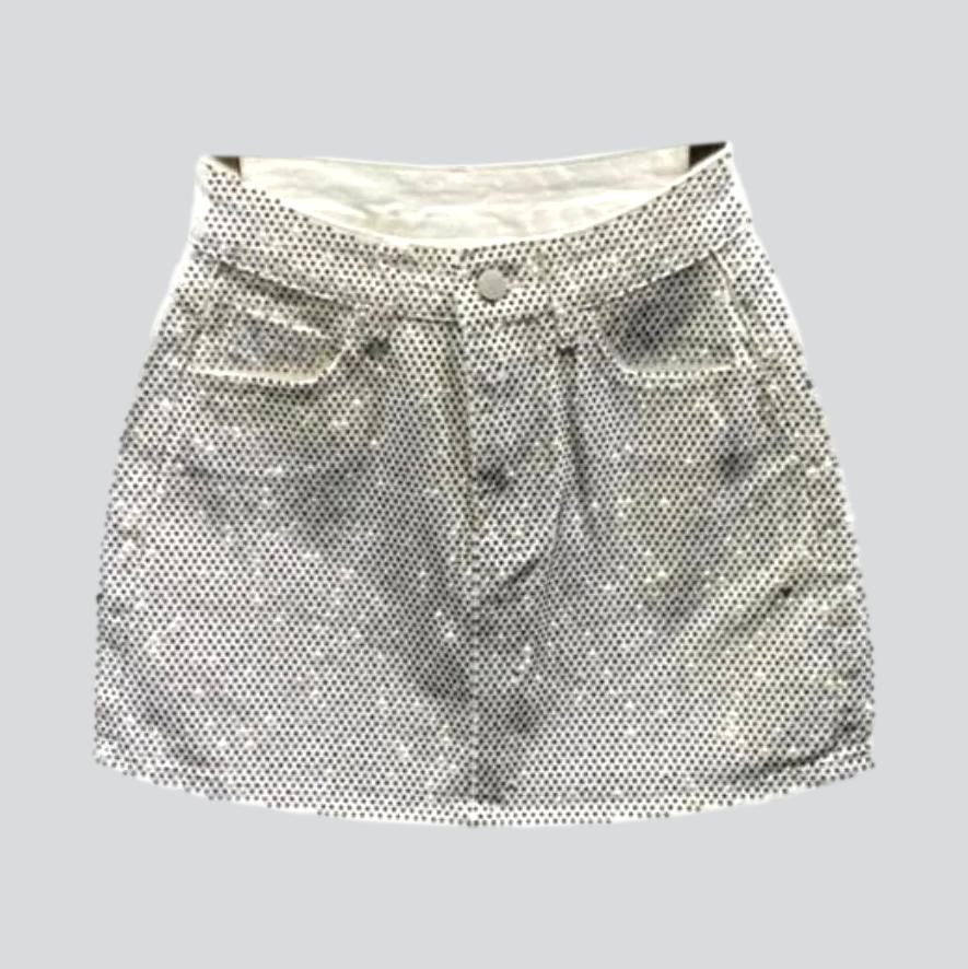 Rhinestone embellished color denim skirt