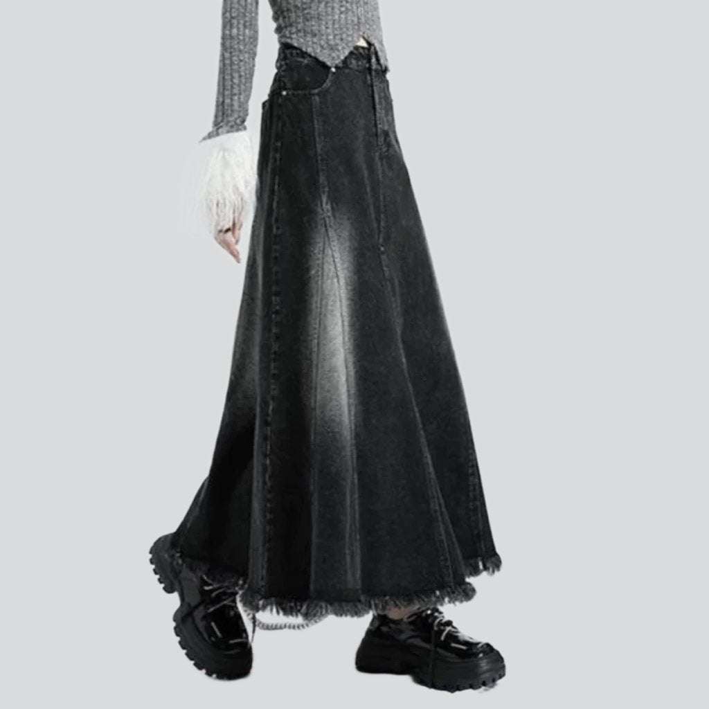 Floor-length sanded denim skirt