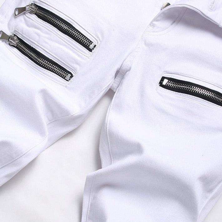 Monochrome white jeans with zippers