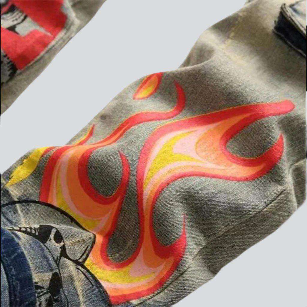 Graffiti print frayed men jeans