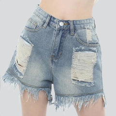 Wide-leg ripped women denim shorts