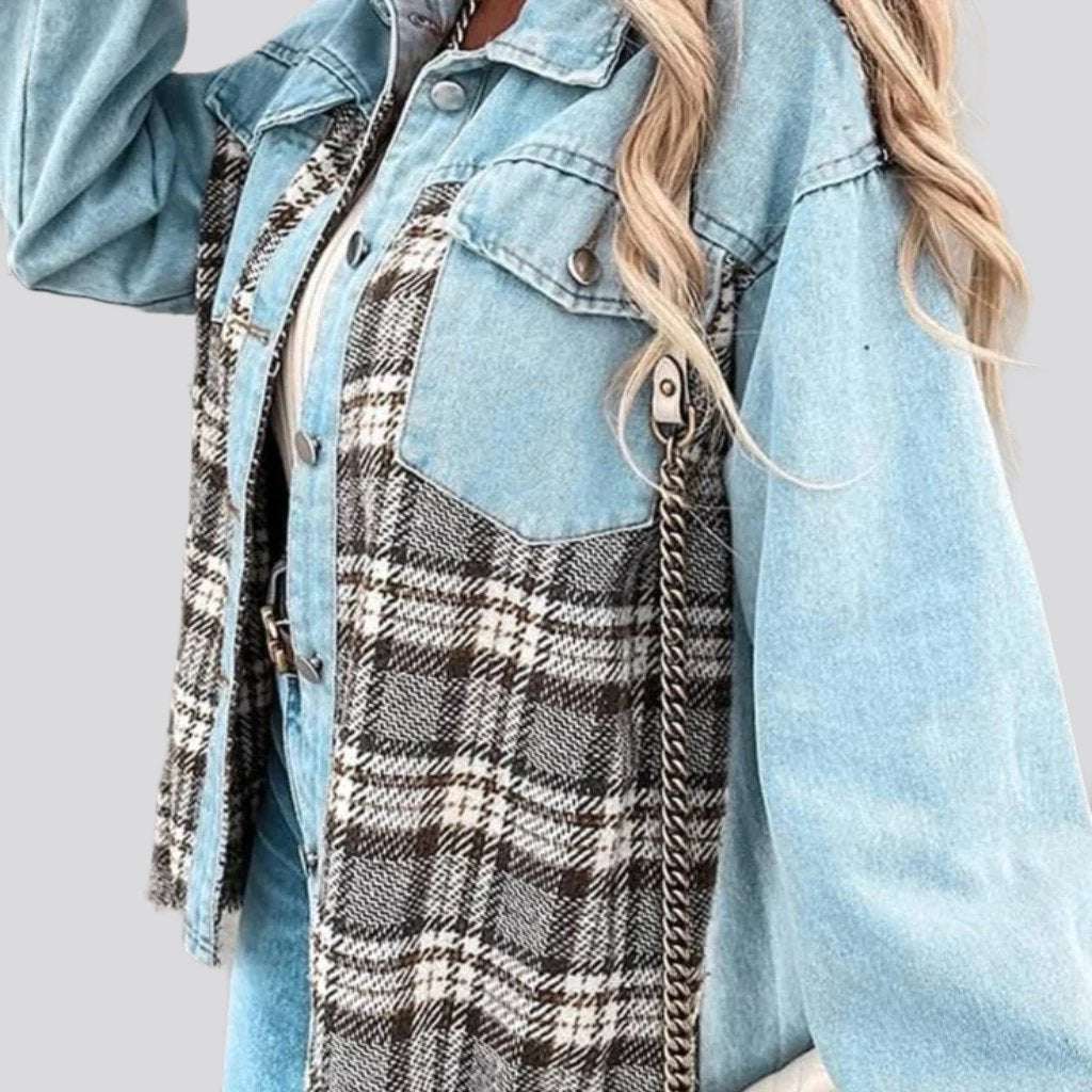 Checkered fashion denim jacket for ladies