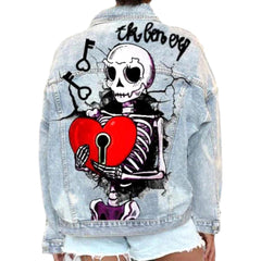 Jeansjacke mit Totenkopf-Print für Damen