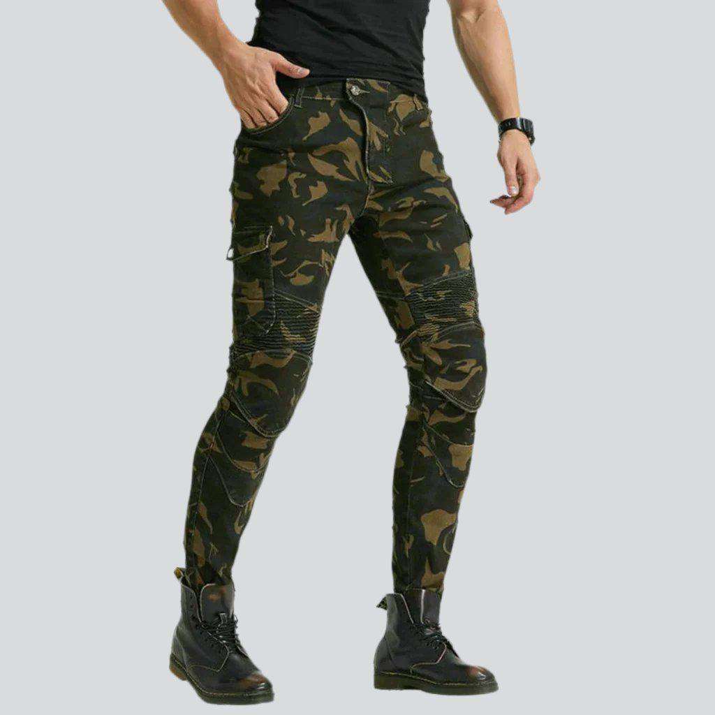 Camouflage print men moto jeans