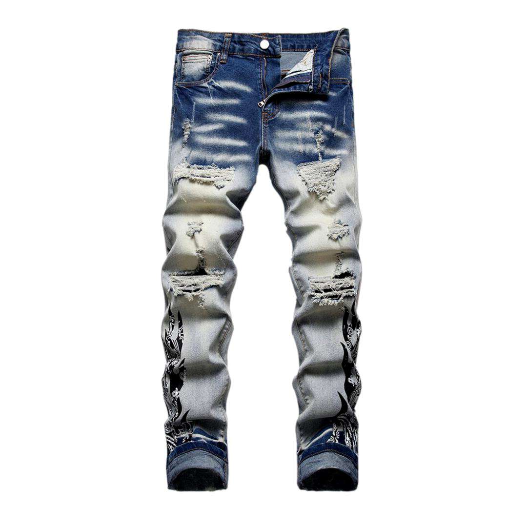 Flame print distressed men jeans