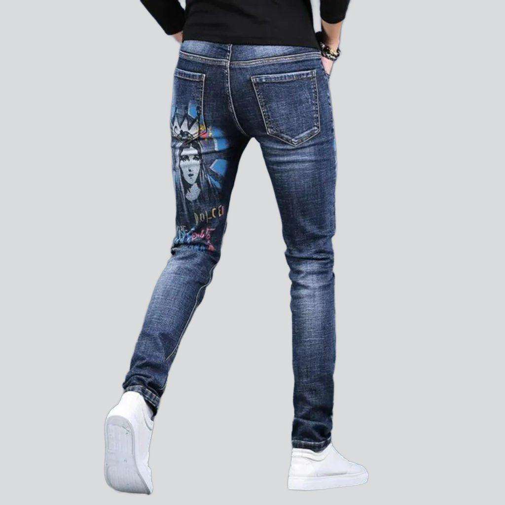 Medium wash printed men jeans