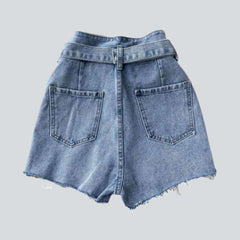 Crystal fringe pocket denim shorts