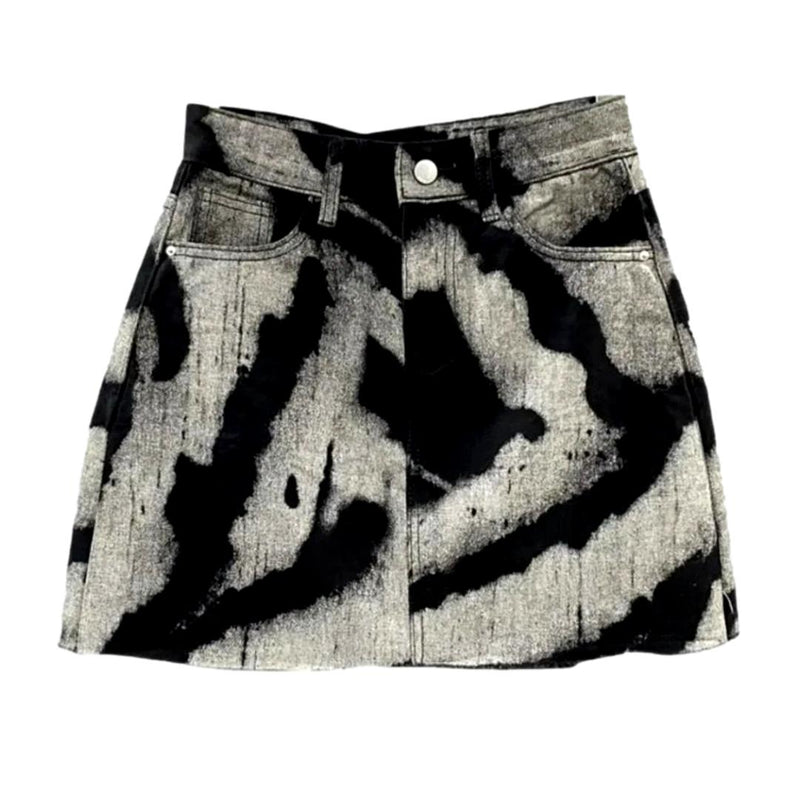 Tie-dyed vintage print denim skirt  - Grey
