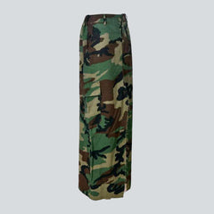 Camouflage print long denim skirt