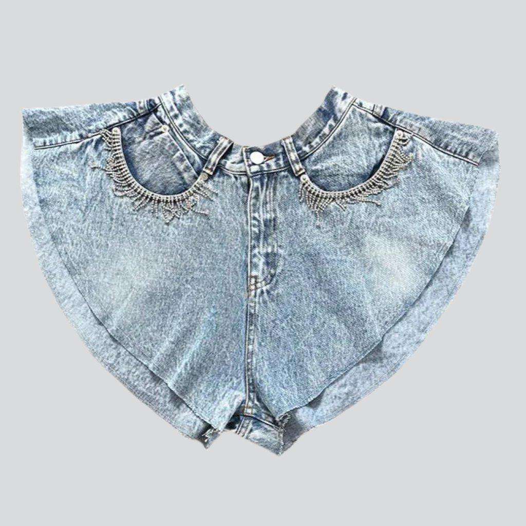 Flared wide-leg denim shorts