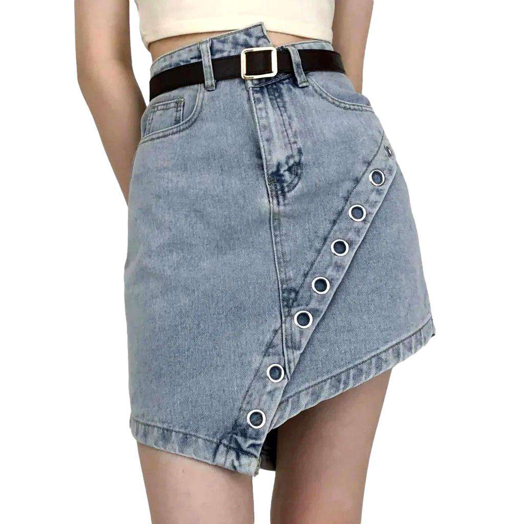 Embellished asymmetric hem denim skirt