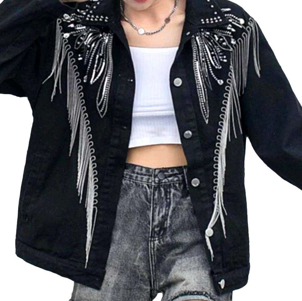 Fringe black women denim jacket