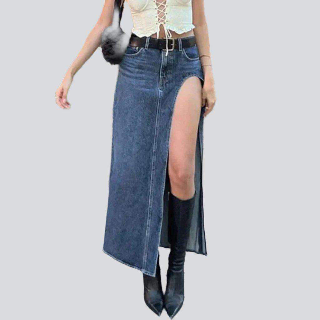 Cut-out leg long denim skirt