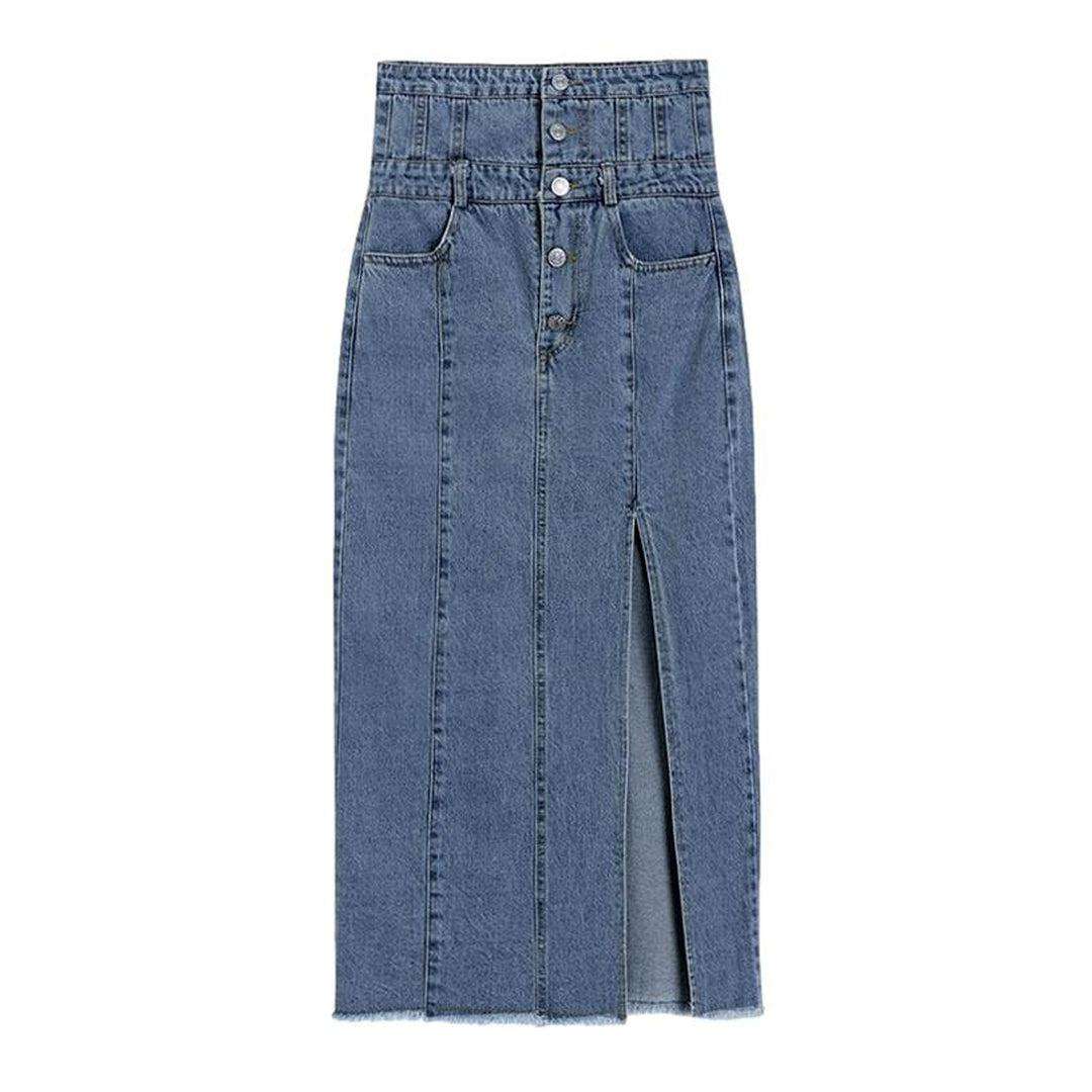 Exposed buttons denim long skirt