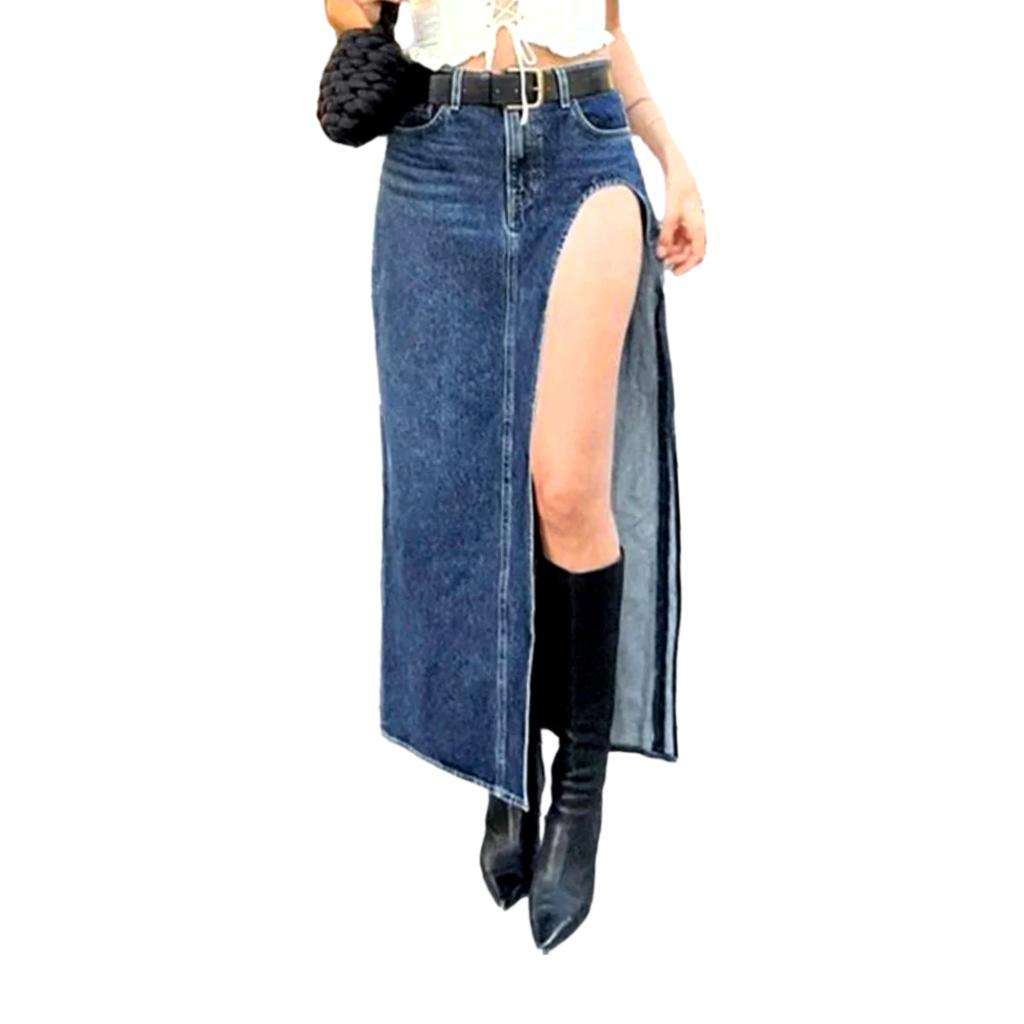 Cut-out leg long denim skirt