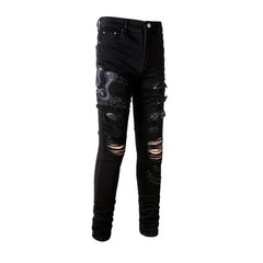 Snake embroidery ripped men jeans