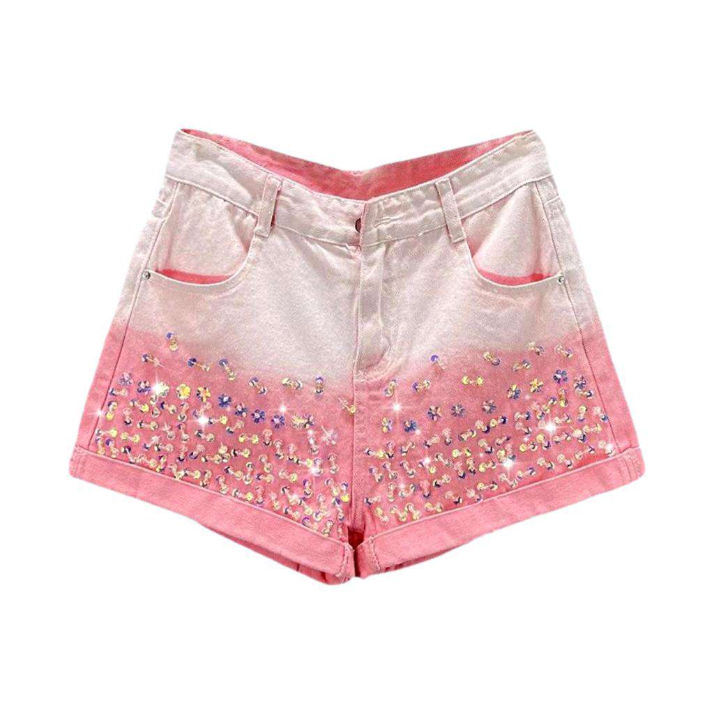 Shorts vaqueros teñidos con diamantes de imitación rosas