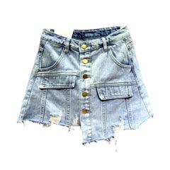 Distressed hem buttoned denim skort