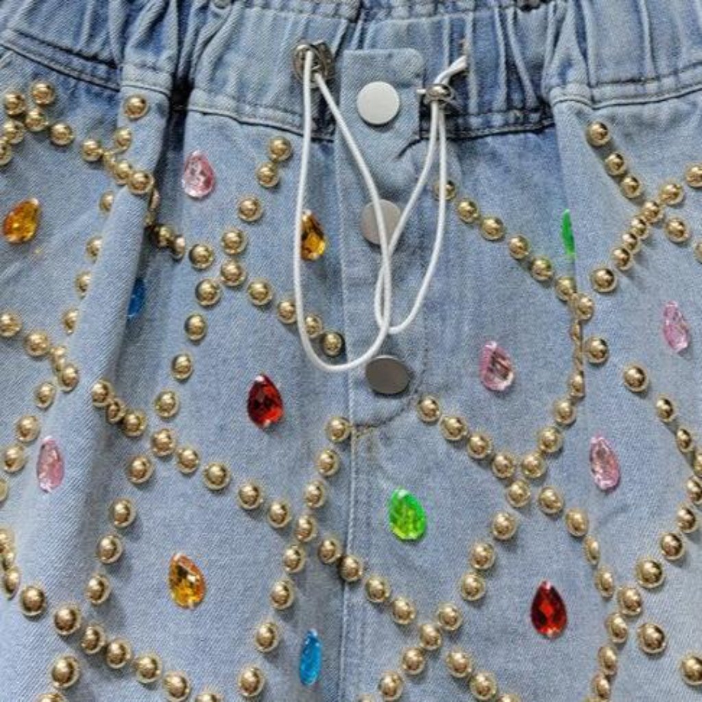 Pearl & rhinestone embellished denim shorts