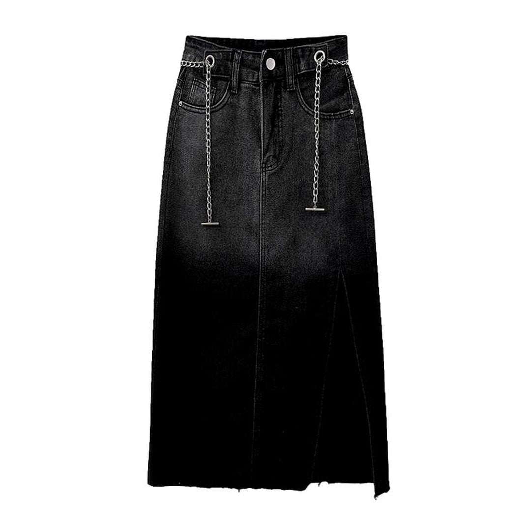 Contrast color denim long skirt